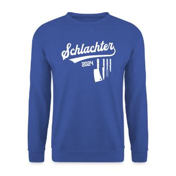 Schlachter 2024 Ausbildung Prüfung Fleischer Azubi - Unisex Pullover - Royalblau - Vorne - Alina (178cm) & Michal (187cm)