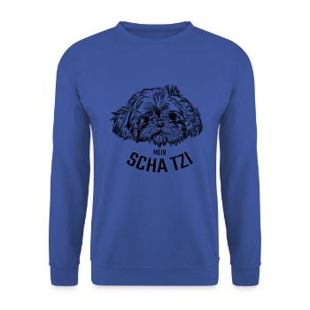 Shih Tzu mein SCHATZI - Unisex Pullover - Royalblau - Vorne - Alina (178cm) & Michal (187cm)