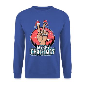 Frohes Weihnachten Peacezeichen Motiv - Unisex Pullover - Royalblau - Vorne - Alina (178cm) & Michal (187cm)