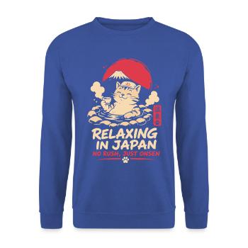 Relaxing in Japan Cat Onsen Design - Unisex Pullover - Royalblau - Vorne - Alina (178cm) & Michal (187cm)