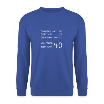 Aussehen wie 20 - 40 - Unisex Pullover - Royalblau - Vorne - Alina (178cm) & Michal (187cm)