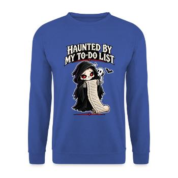 Von meiner To-Do-Liste verfolgt – Lustiger Schnitter - Unisex Pullover - Royalblau - Vorne - Alina (178cm) & Michal (187cm)