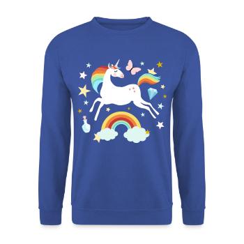 springendes Einhorn Regenbogen Pferd Wolken Sterne - Unisex Pullover - Royalblau - Vorne - Alina (178cm) & Michal (187cm)
