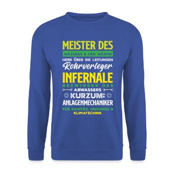 Anlagenmechaniker SHK Sanitär Heizung Handwerk - Unisex Pullover - Royalblau - Vorne - Alina (178cm) & Michal (187cm)