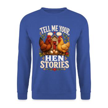 TELL ME YOUR HEN STORIES - Unisex Pullover - Royalblau - Vorne - Alina (178cm) & Michal (187cm)
