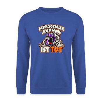 Skelett – Mein sozialer Akku ist tot - Unisex Pullover - Royalblau - Vorne - Alina (178cm) & Michal (187cm)