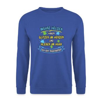 Tagesvater Outfit Tagespapa Erzieher Kinderpfleger - Unisex Pullover - Royalblau - Vorne - Alina (178cm) & Michal (187cm)