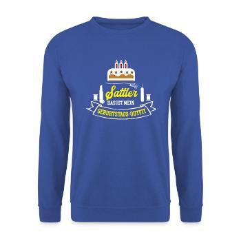 Sattler Geburtstag Geburtstagsgeschenk Sattlerei - Unisex Pullover - Royalblau - Vorne - Alina (178cm) & Michal (187cm)