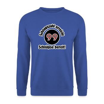 99 – Schnapszahl erreicht, Schnäpse bereit! - Unisex Pullover - Royalblau - Vorne - Alina (178cm) & Michal (187cm)