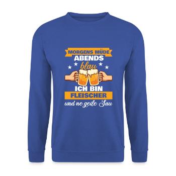 Morgens Müde Abends Blau Fleischer - Unisex Pullover - Royalblau - Vorne - Alina (178cm) & Michal (187cm)