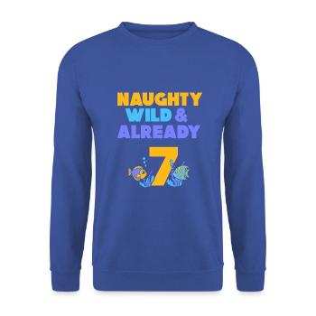 7 Jahre Geburtstag Junge Mädchen Fisch - Unisex Pullover - Royalblau - Vorne - Alina (178cm) & Michal (187cm)