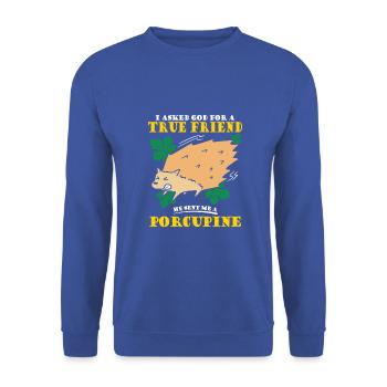 God for a true friend He sent me a Porcupine - Unisex Pullover - Royalblau - Vorne - Alina (178cm) & Michal (187cm)