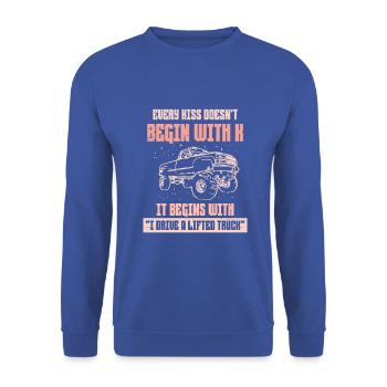 with k it begins with i Drive a lifted truck - Unisex Pullover - Royalblau - Vorne - Alina (178cm) & Michal (187cm)