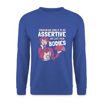 Encourage girls to be assertive and love their bod - Unisex Pullover - Royalblau - Vorne - Alina (178cm) & Michal (187cm)