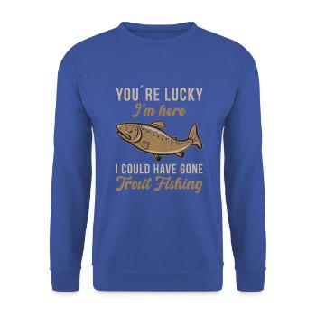 i´m here i could have gone Trout Fishing - Unisex Pullover - Royalblau - Vorne - Alina (178cm) & Michal (187cm)