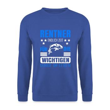 Rentner Rente Rentenbeginn Angler Angeln - Unisex Pullover - Royalblau - Vorne - Alina (178cm) & Michal (187cm)