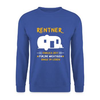 Rentner Rente Rentenbeginn Camping Camper - Unisex Pullover - Royalblau - Vorne - Alina (178cm) & Michal (187cm)