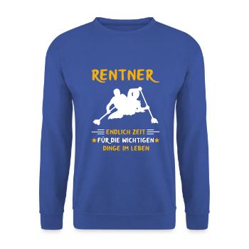 Rentner Rente Rentenbeginn Kanute Kanu - Unisex Pullover - Royalblau - Vorne - Alina (178cm) & Michal (187cm)