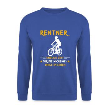 Rentner Rente Rentenbeginn Fahrrad fahren - Unisex Pullover - Royalblau - Vorne - Alina (178cm) & Michal (187cm)