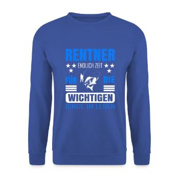 Rentner Rente Rentenbeginn Angeln Angler - Unisex Pullover - Royalblau - Vorne - Alina (178cm) & Michal (187cm)