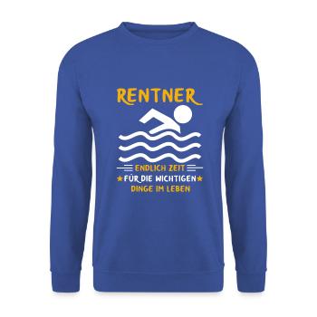 Rentner Rente Rentenbeginn Schwimmen Schwimmer - Unisex Pullover - Royalblau - Vorne - Alina (178cm) & Michal (187cm)