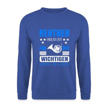Rentner Rente Rentenbeginn Waldhorn - Unisex Pullover - Royalblau - Vorne - Alina (178cm) & Michal (187cm)