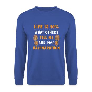 Tell me and 90% halfmarathon - Unisex Pullover - Royalblau - Vorne - Alina (178cm) & Michal (187cm)