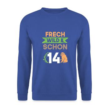 14 Jahre Geburtstag Junge Mädchen Affe - Unisex Pullover - Royalblau - Vorne - Alina (178cm) & Michal (187cm)