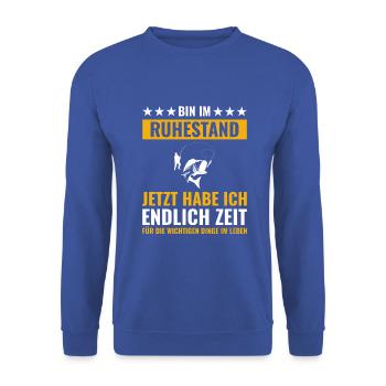 Rentner Rente Rentenbeginn Angeln Angler - Unisex Pullover - Royalblau - Vorne - Alina (178cm) & Michal (187cm)