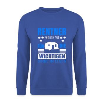 Rentner Rente Rentenbeginn Camping Camper - Unisex Pullover - Royalblau - Vorne - Alina (178cm) & Michal (187cm)