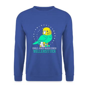Coole Jungs haben einen Wellensittich - Unisex Pullover - Royalblau - Vorne - Alina (178cm) & Michal (187cm)