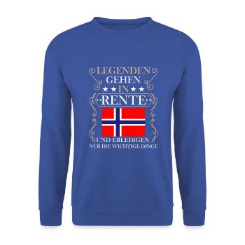 Rentner Rente Rentenbeginn Norwegen - Unisex Pullover - Royalblau - Vorne - Alina (178cm) & Michal (187cm)