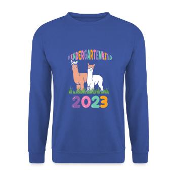 Lama Alpaka Kita Kindergarten 2023 - Unisex Pullover - Royalblau - Vorne - Alina (178cm) & Michal (187cm)