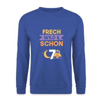 7 Jahre Geburtstag Junge Mädchen Eule - Unisex Pullover - Royalblau - Vorne - Alina (178cm) & Michal (187cm)