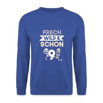9 Jahre Geburtstag Junge Mädchen Skelett - Unisex Pullover - Royalblau - Vorne - Alina (178cm) & Michal (187cm)