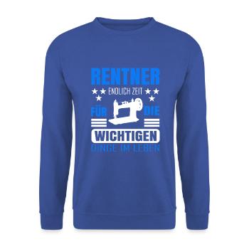 Rentner Rente Rentenbeginn Nähen Näher - Unisex Pullover - Royalblau - Vorne - Alina (178cm) & Michal (187cm)