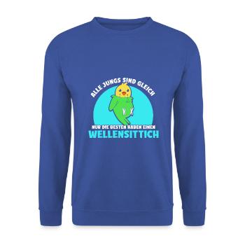Alle Jungs sind gleich Wellensittich - Unisex Pullover - Royalblau - Vorne - Alina (178cm) & Michal (187cm)