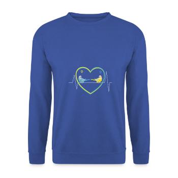 Herzlinie mit zwei Wellensittiche - Unisex Pullover - Royalblau - Vorne - Alina (178cm) & Michal (187cm)