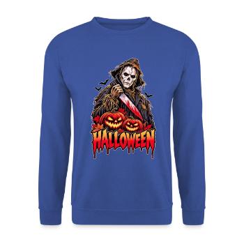 Halloween Scarecrow Retro-Horror - Unisex Pullover - Royalblau - Vorne - Alina (178cm) & Michal (187cm)