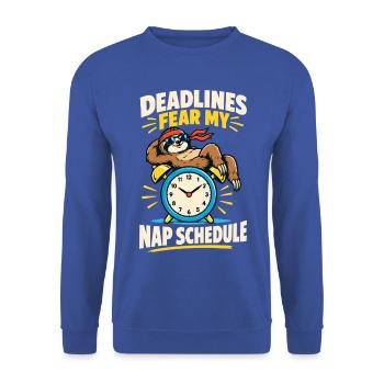 Faultier – Deadlines Fear My Nap Schedule - Unisex Pullover - Royalblau - Vorne - Alina (178cm) & Michal (187cm)