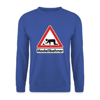 Warnschild "Modellbahner E Lok" - Unisex Pullover - Royalblau - Vorne - Alina (178cm) & Michal (187cm)