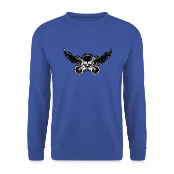 Skull with angel wing and electric guitar - Black - Unisex Sweatshirt - royal blue - Front - Alina (178cm) & Michal (187cm)