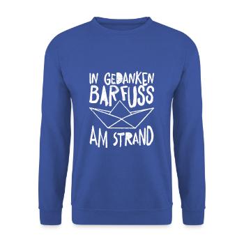 In Gedanken Barfuss Am Strand - Urlaub und Meer - Unisex Pullover - Royalblau - Vorne - Alina (178cm) & Michal (187cm)