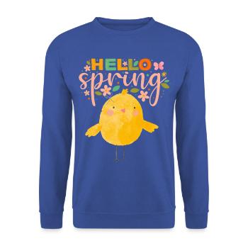 Humorvoller Frühlingstraum mit Huhn - Unisex Pullover - Royalblau - Vorne - Alina (178cm) & Michal (187cm)