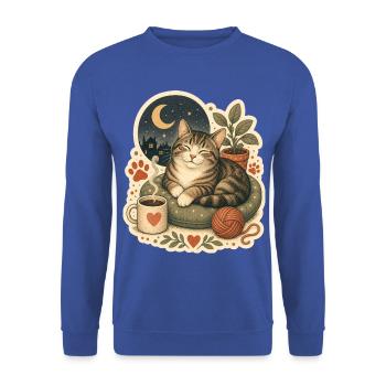 Gemütliche Katze Kaffee Garn - Unisex Pullover - Royalblau - Vorne - Alina (178cm) & Michal (187cm)