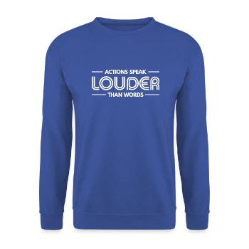 Taten sagen mehr als Worte - Motivationsgeschenk - Unisex Pullover - Royalblau - Vorne - Alina (178cm) & Michal (187cm)