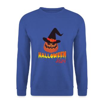 Halloween 2024-Kürbis mit Hexenhut - Unisex Pullover - Royalblau - Vorne - Alina (178cm) & Michal (187cm)