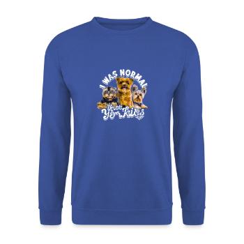 Ich war normal vor drei Yorkies - Doggy - Unisex Pullover - Royalblau - Vorne - Alina (178cm) & Michal (187cm)
