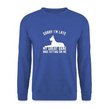 Tut mir leid, ich bin spät dran, meine Dogge saß auf mir - - Unisex Pullover - Royalblau - Vorne - Alina (178cm) & Michal (187cm)