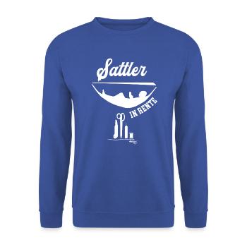 Sattler Rente Rentner Sattlerei Ruhestand - Unisex Pullover - Royalblau - Vorne - Alina (178cm) & Michal (187cm)